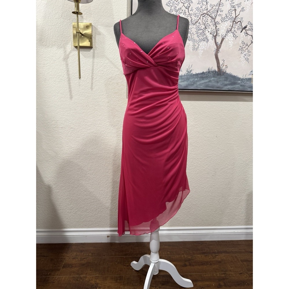 XOXO Y2K Pink Sequin Ruched Midi Dress Strappy Sleeveless M Assymetrical hem
